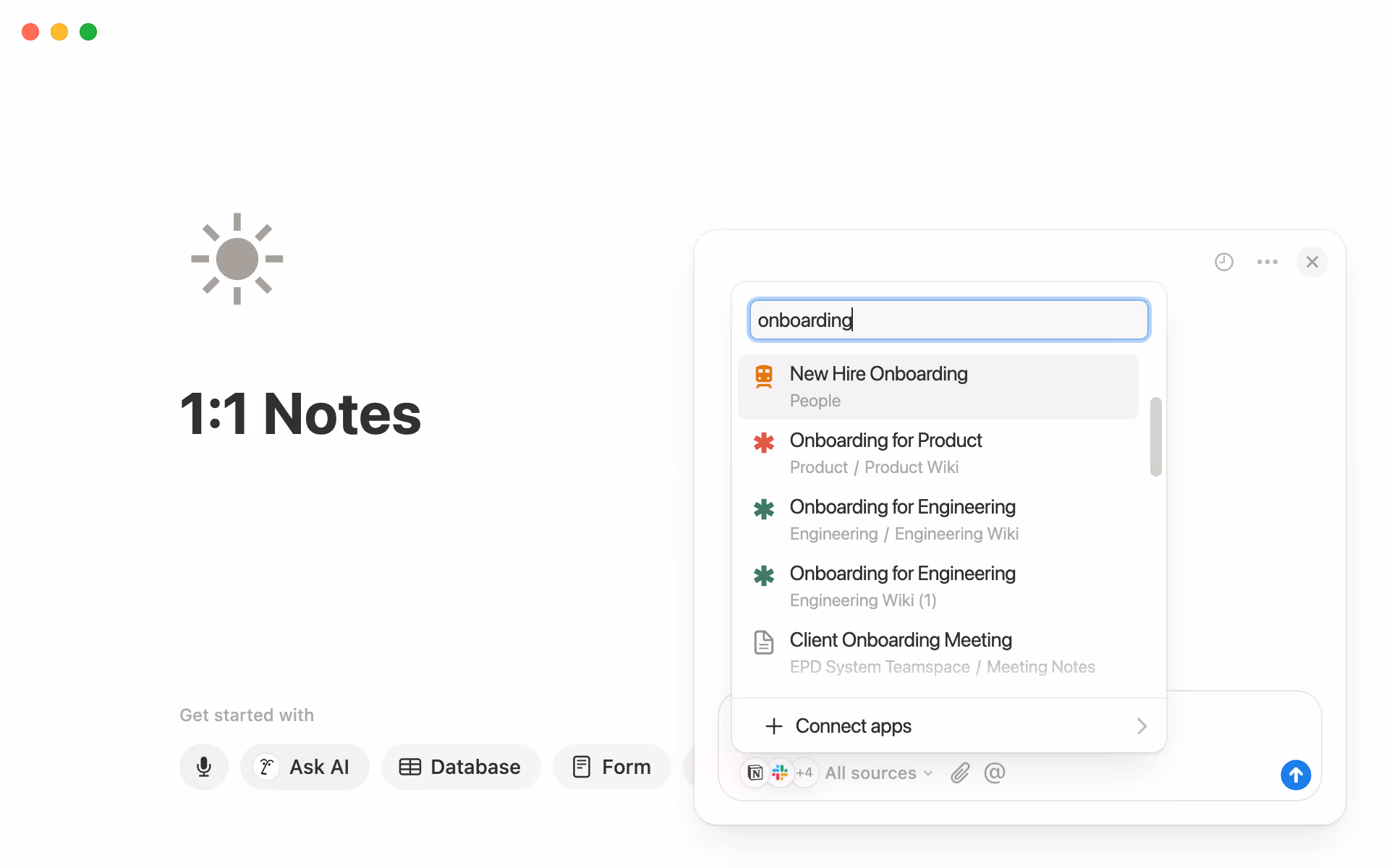 Use the source picker to select specific documents so Notion AI can surface answers based on their context.