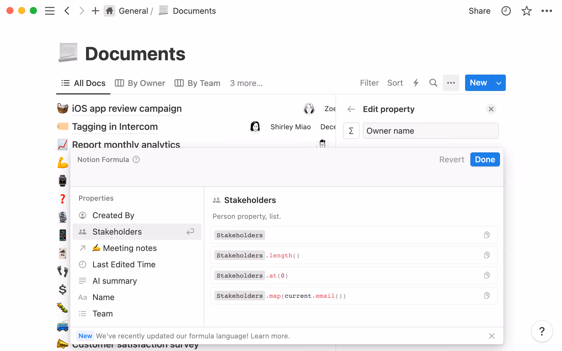 Notion's formula editor contains properties, functions, and more.