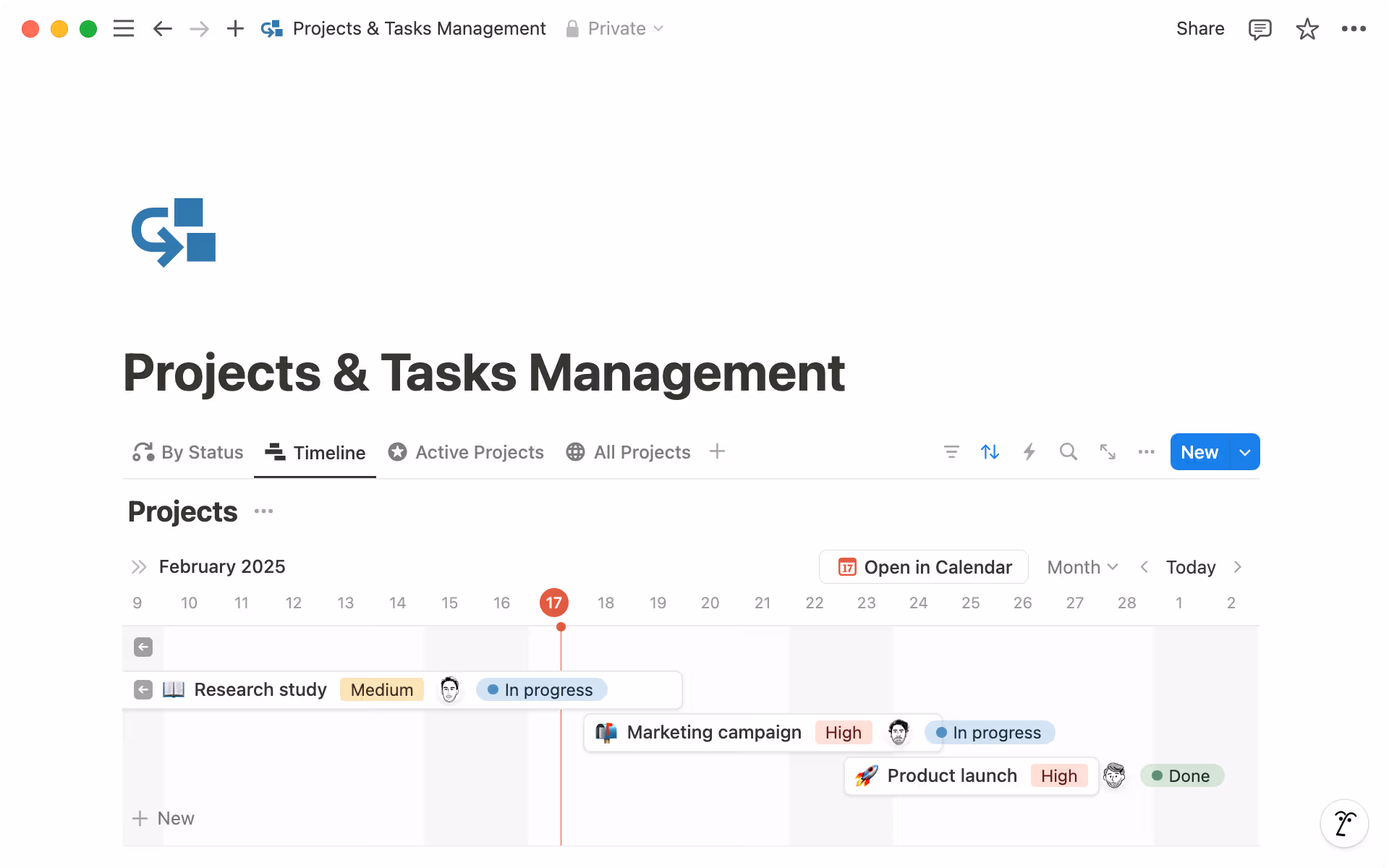 See how different projects overlap using the timeline view with clear start and end dates.