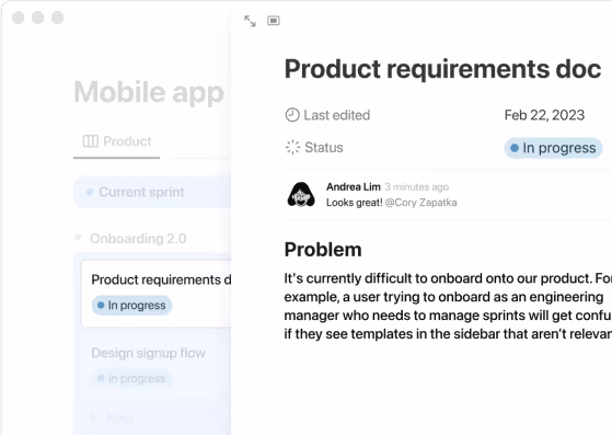 A product requirements document that’s linked to a project task in Notion.