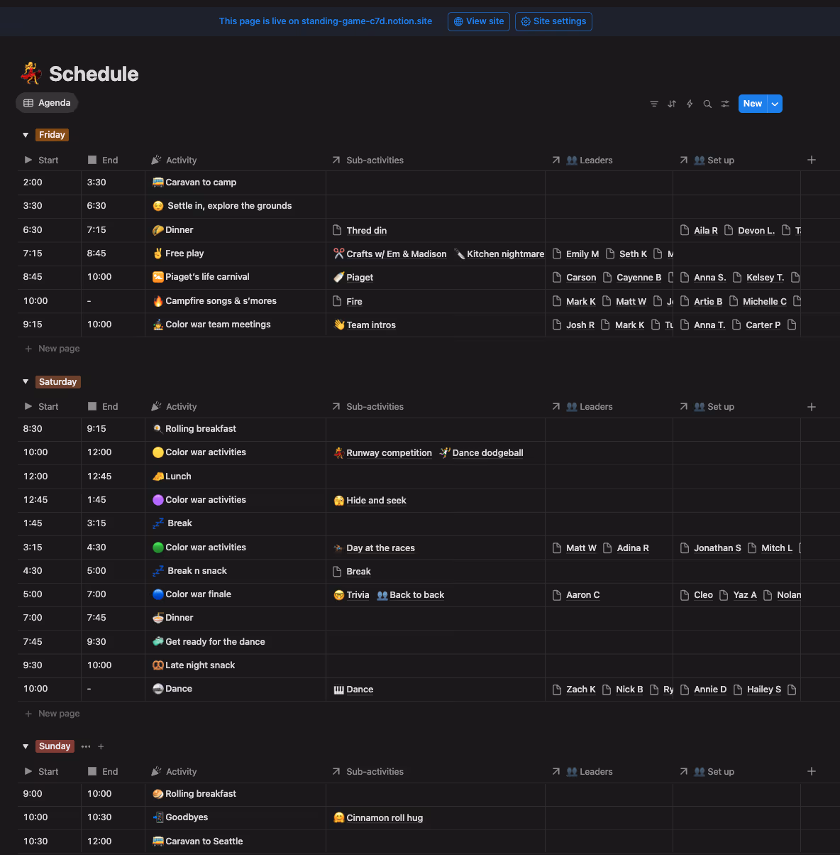 Aaron built a schedule in Notion that keeps him updated on every activity, time, and person in charge.