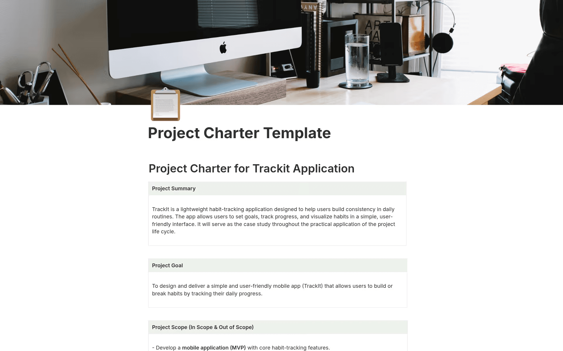 A project charter template that’s available in Notion