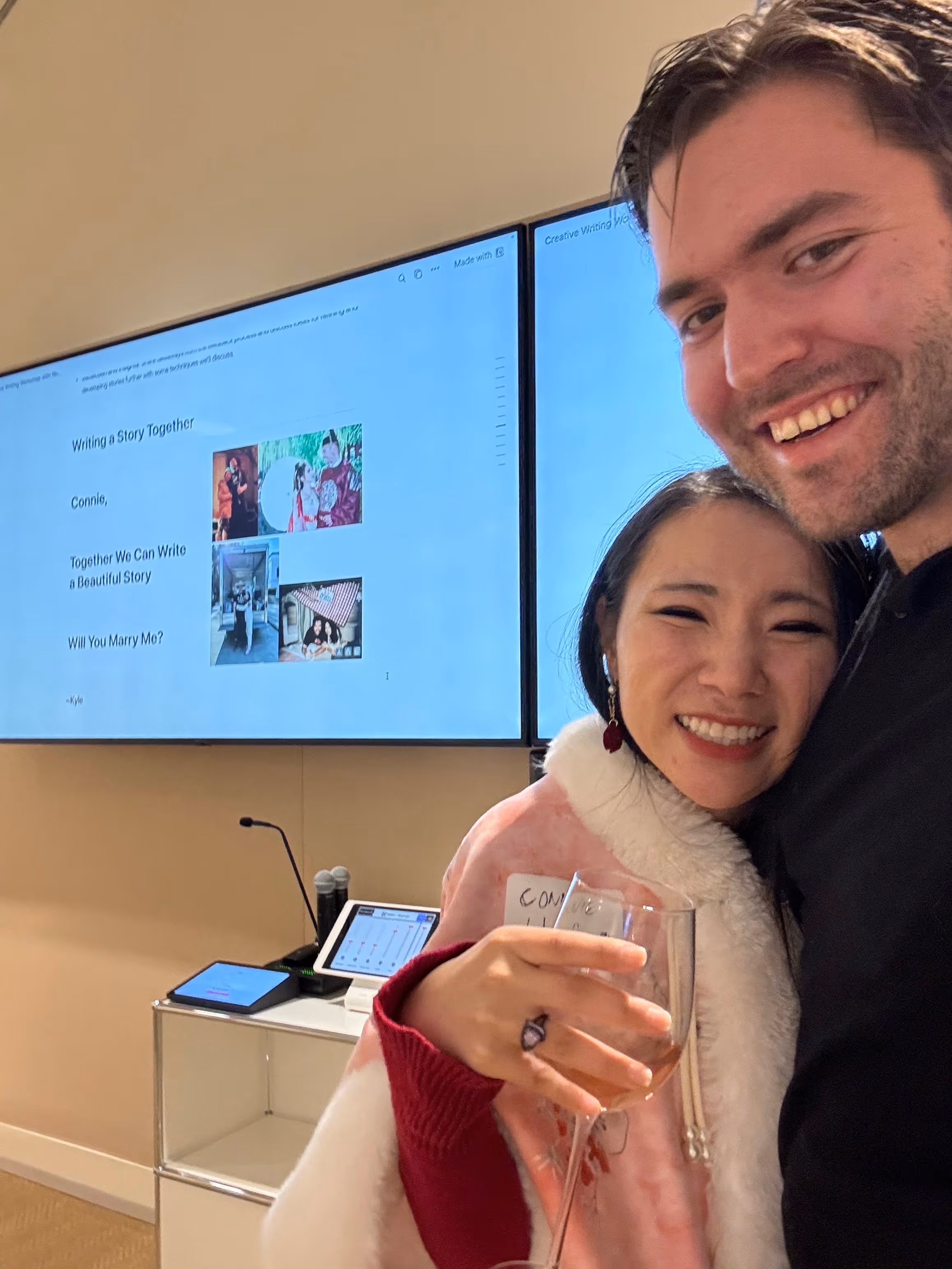 The blissed-out couple right after the proposal at Notion HQ.