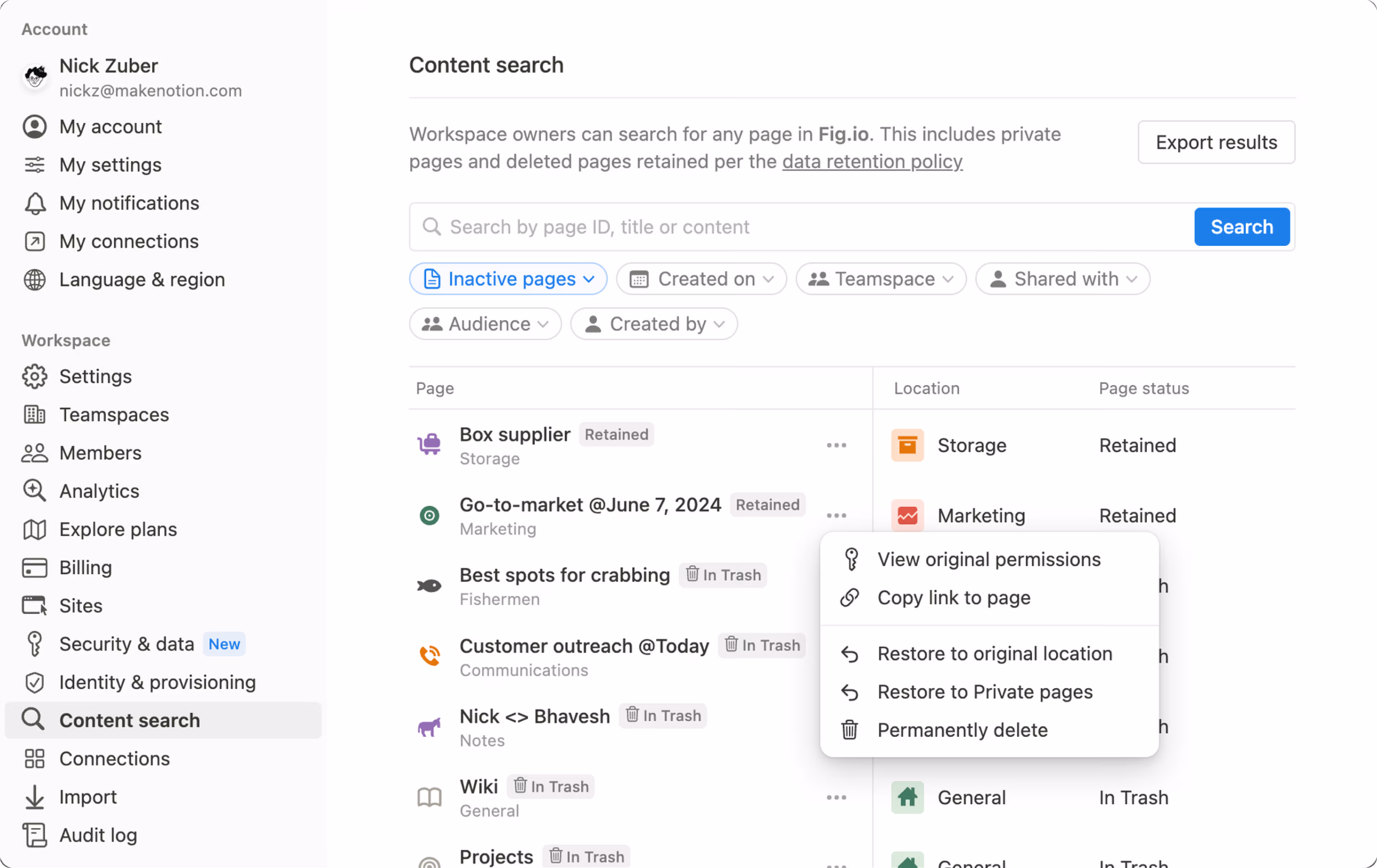 Search deleted and retained pages