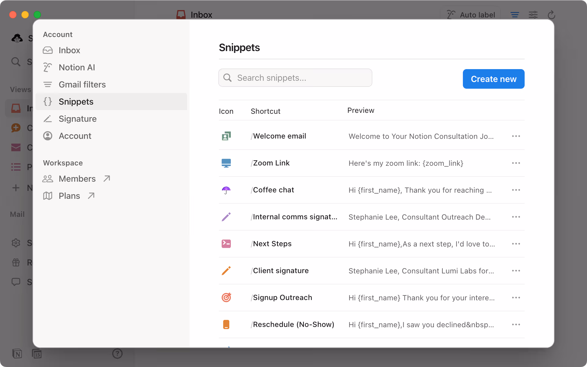 Access all your snippets in the settings menu on the right hand side of the screen.