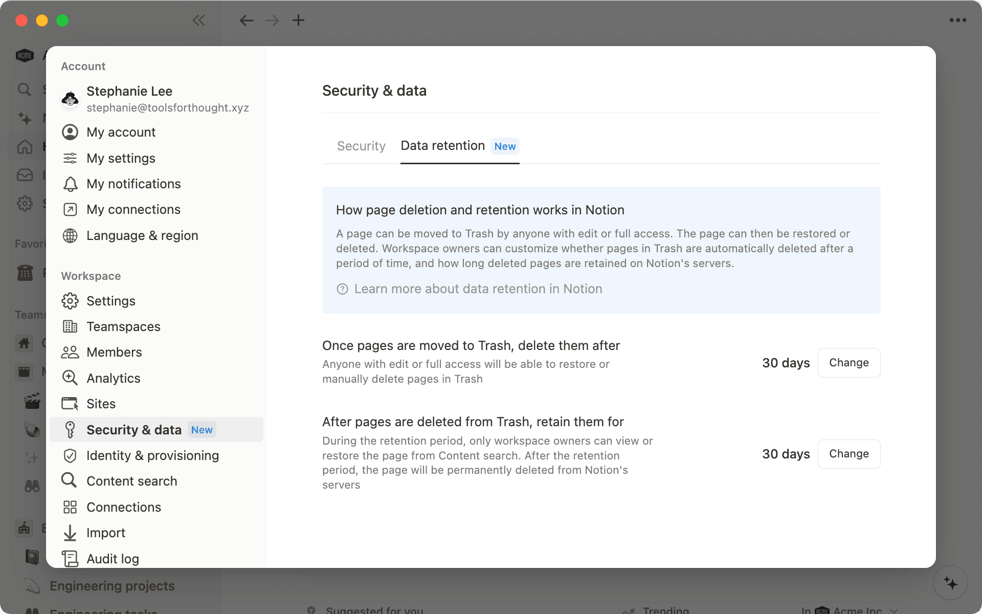 Enterprise workspace owners have control over when users’ pages are deleted from Trash, and how long they can be retained for afterwards