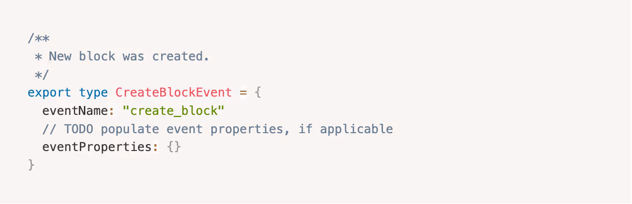 The boilerplate Typescript produced by the tool for the create_block event.
