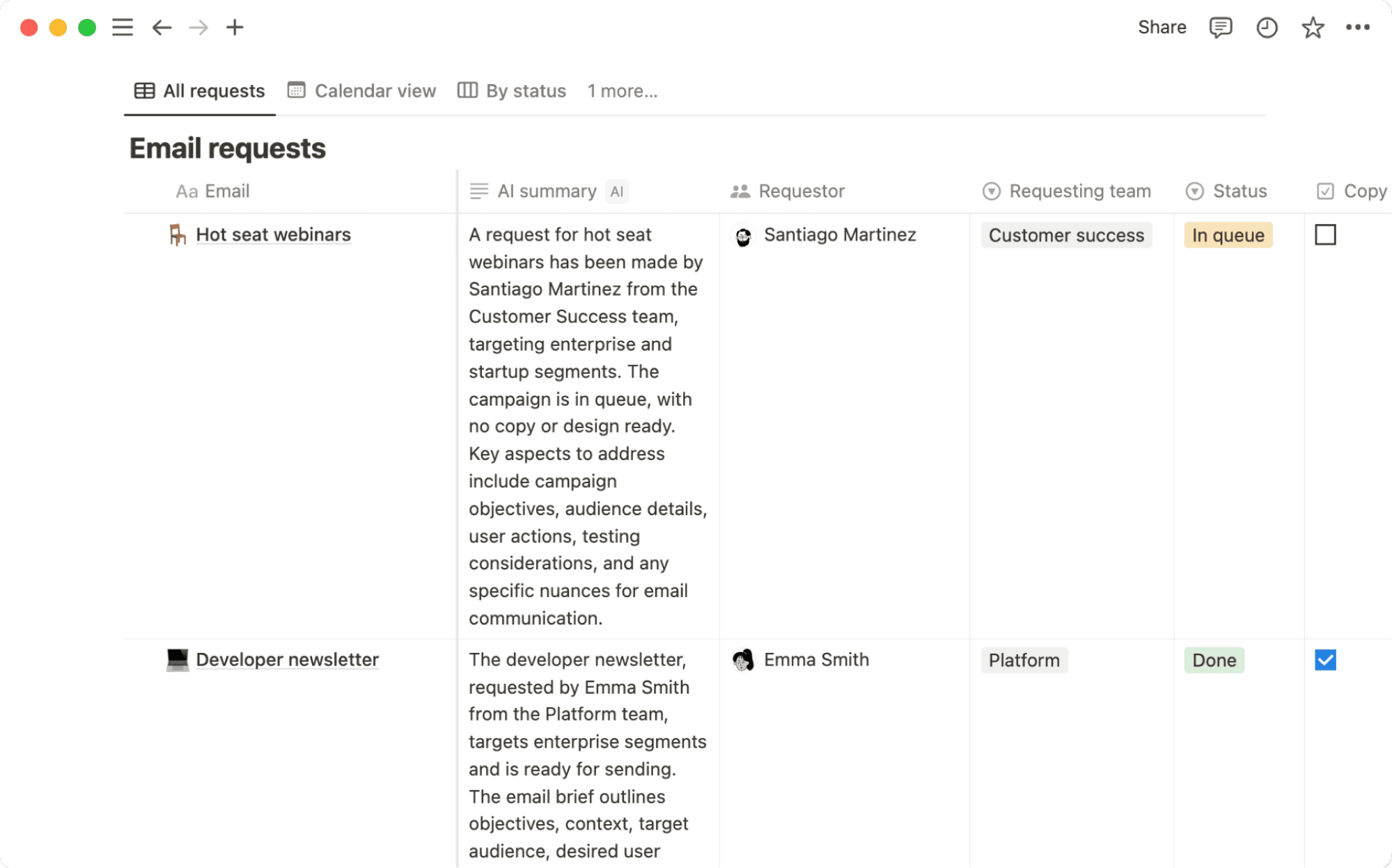 An AI summary column in a Notion workflow that shows how AI condenses updates so teams can spot key details and risks at a glance