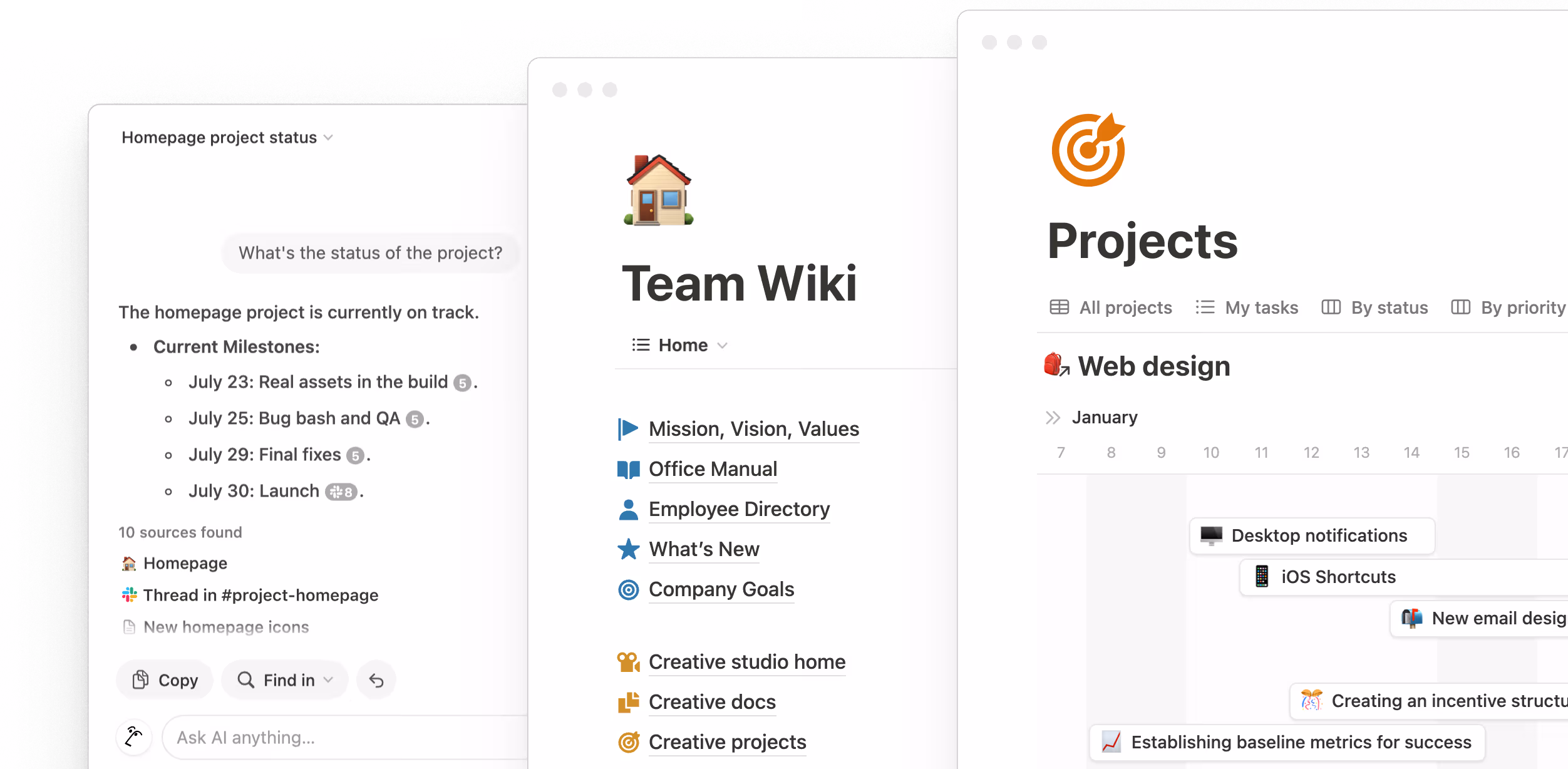 Notion workspace displaying task list and team wiki side-by-side