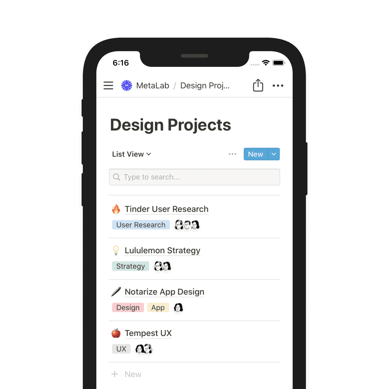 Design projects are tracked and tagged in a Notion database.