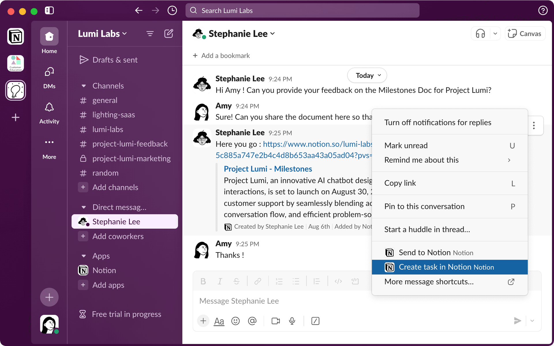 Add a task to a Notion database by selecting 'Create task in Notion'.