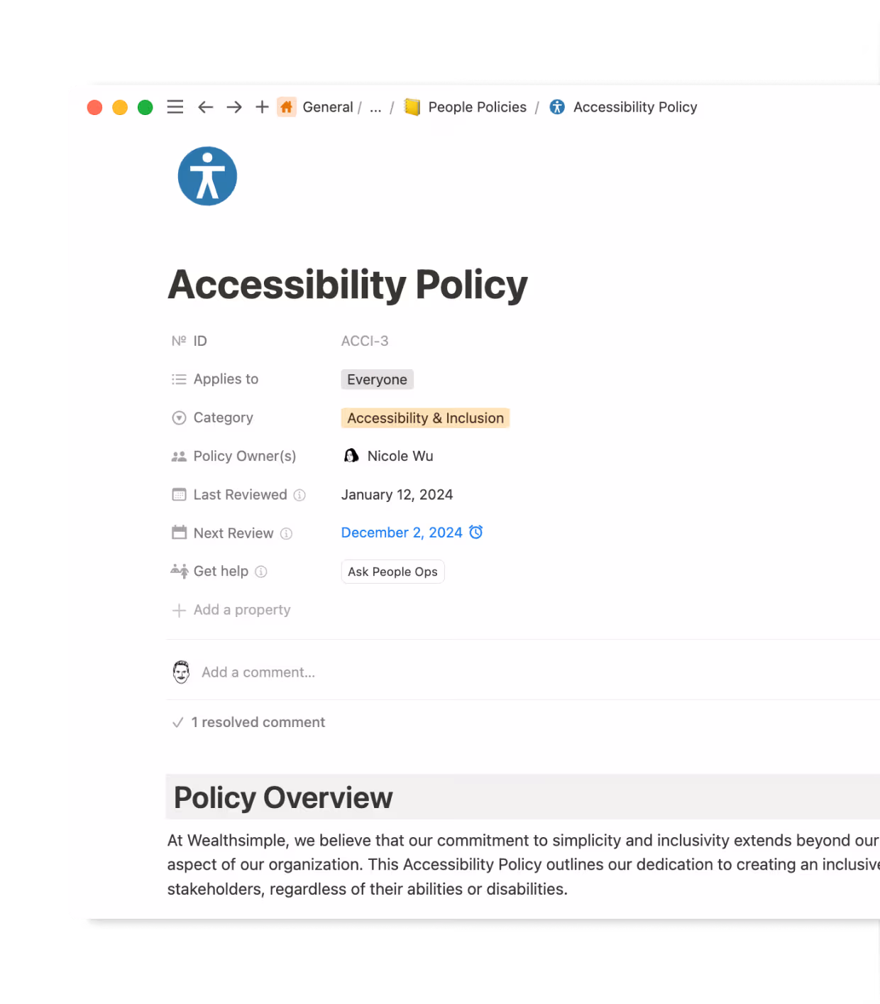 Wealthsimple’s Policies Library is easy navigate, maintain, and keep up-to-date with database features like page owners, last edited dates, and review schedules at a glance.