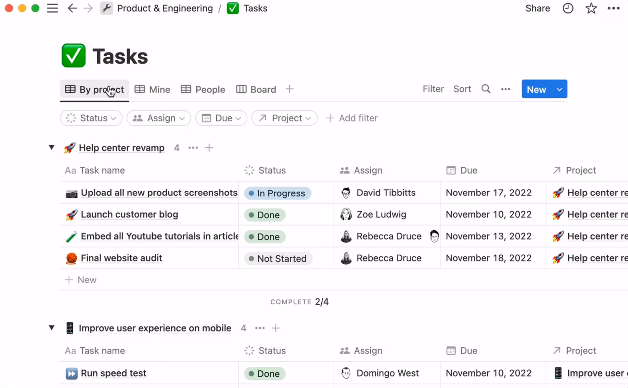 Tasks database in Notion